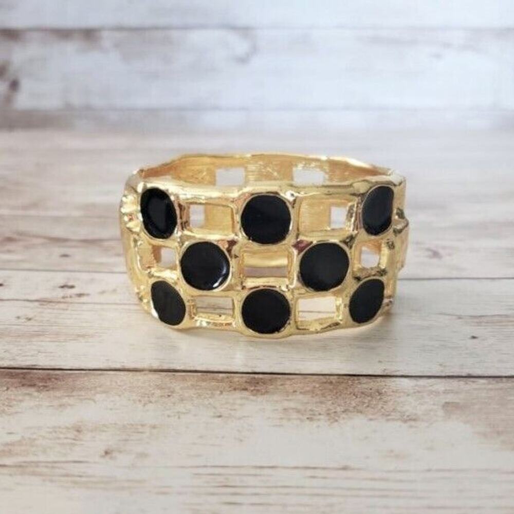 Vintage Hinged Bracelet - Chunky Statement Gold & Black Checkered Pattern